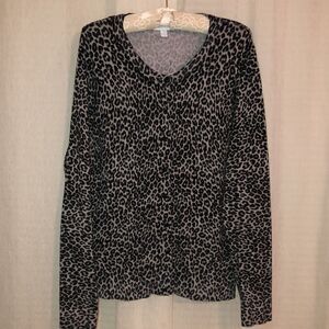 Charter Club L Knit Gray Black Cheetah Print Cardigan Sweater